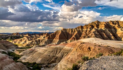 Fototapeta premium Rugged canyons with layers of browns and reds under a dynamic sky filled with puffy white and gray clouds