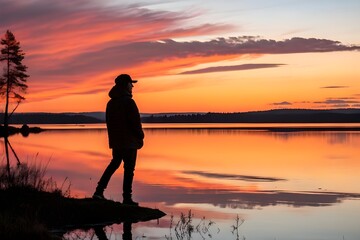 Fototapeta premium Man standing alone by serene lake at vibrant sunset