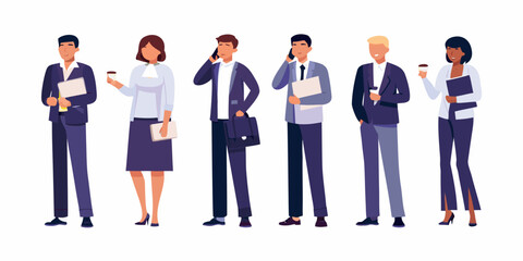 A diverse group of business professionals standing in a row engaged in activities