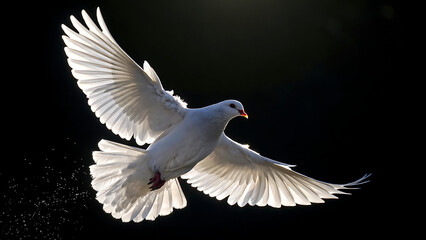 Fototapeta premium White dove flying in dark sky with spread wings peace freedom symbol