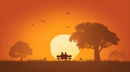 Romantic sunset silhouette with couple on bench, birds, trees and grassy foreground