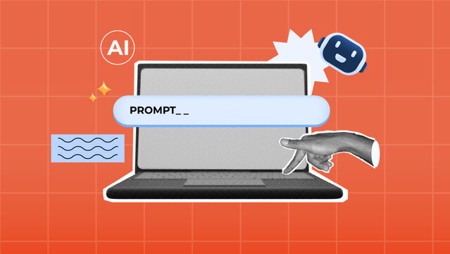 halftone collage pointing hand of a laptop with AI prompt bar, robot icon, and symbolizing artificial intelligence tools, prompt engineering, digital creativity, and modern tech workflow