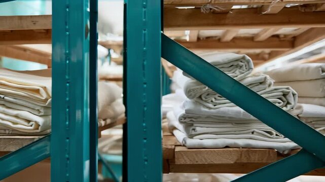 Medium shot focusing on neatly stacked fresh linens on drying racks in a bright room utilizing green sustainable processing methods.