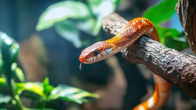 Orange Corn Snake Crawling on a Wooden Branch in a Lush Green Terrarium Environment