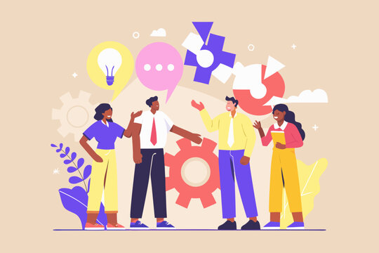 Team collaboration and brainstorming session with ideas and puzzle elements