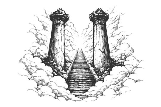 Surreal stairway to heaven leading between two massive ancient pillars into the clouds vector illustration, vintage hand drawn etching style fantasy art.