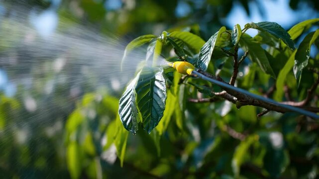 Organic spray application on tree leaves to naturally repel harmful insects and maintain healthy growth in an ecofriendly garden setting