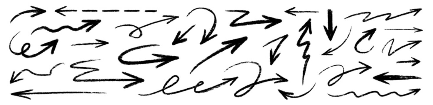 Arrow hand drawn brush line set. Arrow line hand drawn brush chalk pencil crayon stroke marker paint..Rough scribble doodle sketchy underline curve wave angle swirl crayon texture. Vector illustration