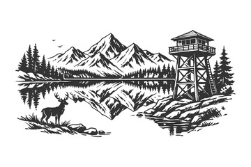 Fototapeta premium Vintage engraving vector illustration of a scenic mountain lake with a wooden watchtower and deer, classic wilderness landscape nature design.