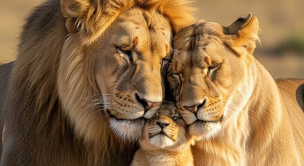 Fototapeta premium Lion family embracing with love and tenderness in savannah