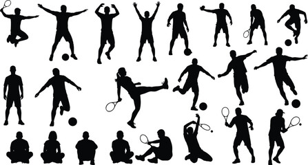Fototapeta premium Collection of athlete silhouettes playing soccer and tennis in dynamic action poses isolated on white background