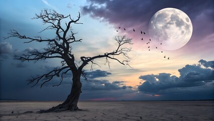 Fototapeta premium Solitary Gnarled Tree Silhouette Against Full Moon and Dramatic Sunset Sky with Flying Birds