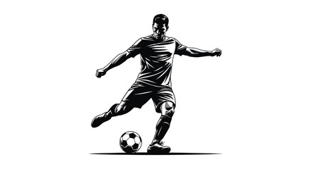 Fototapeta premium Stylized black and white illustration of a determined male soccer player intensely executing a powerful penalty kick or long pass against a stark white background suggesting focused action.