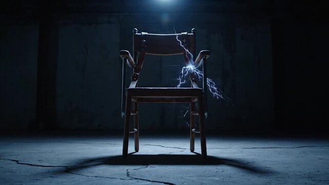 Eerie old wooden chair sparking with electric energy in a desolate, dimly lit room, creating a chilling atmosphere of fear and suspense