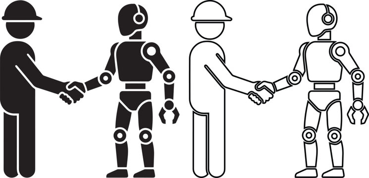 Vector icon set of a human engineer shaking hands with a robot, depicted in solid and outline styles, symbolizing AI collaboration, future technology, and industrial partnership.