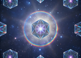 Geometric crystal polyhedron with rainbow halo in deep space, sci fi art
