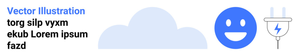 Fototapeta premium Data storage, cloud technology, digital communication, renewable energy, eco-friendly innovations, happiness. Blue cloud, happy face and electric plug. Cloud technology and renewable energy concept