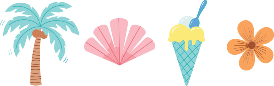 Summer beach icons set with palm tree, seashell, ice cream and tropical flower flat illustration
