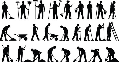 Construction worker silhouettes set, builders with shovels brooms and wheelbarrow, manual labor collection isolated on white © Tanjimul