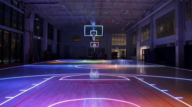Medium shot showcasing a court with lights that transition through colors on a timer enhancing the game experience with predictable yet captivating lighting cycles.