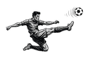 Naklejka premium Dynamic sketch illustration captures a focused soccer player leaping high in the air to powerfully strike the incoming football during an intense moment of competitive sport action