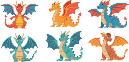 Obraz premium Cute cartoon dragon set in different colors, fantasy baby dragon characters with wings, smiling magical creatures collection isolated on white background vector illustration.