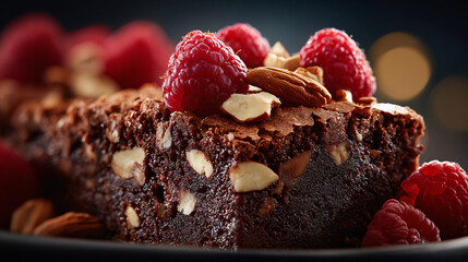 Chocolate brownie with nuts, garnished with fresh raspberries