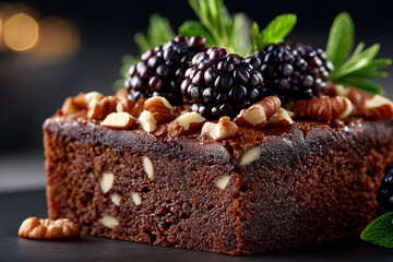 Chocolate brownie with nuts, garnished with fresh blackberries