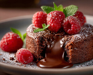 Chocolate fondant cake with a oozing chocolate cream filling, garnished with fresh raspberries