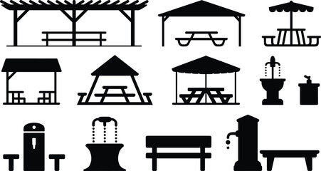 Park and picnic area silhouette icon set with pergola, gazebo, picnic tables, benches, fountains, shelters, and outdoor facilities isolated on white background.