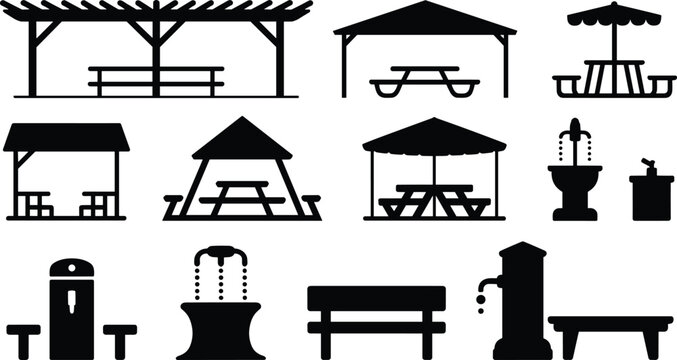 Park and picnic area silhouette icon set with pergola, gazebo, picnic tables, benches, fountains, shelters, and outdoor facilities isolated on white background.