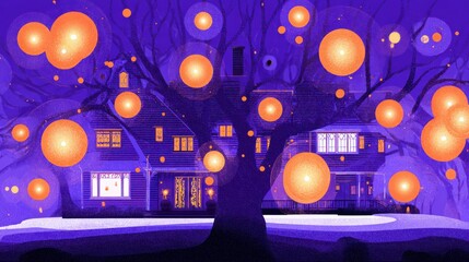 Obraz premium A house glows beneath a tree adorned with spherical lights, under a deep purple night sky