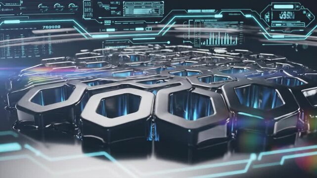 Digital technology hexagon grid processing data with futuristic hud elements for computer science concept