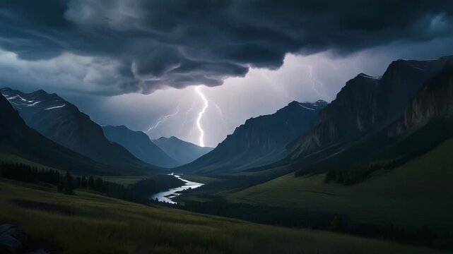 Stormy mountain valley lightning strike over winding river dark storm clouds thunderstorm night storm cloud thunderstorm valley mountain river