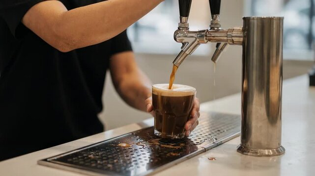 Medium shot featuring a barista pouring cold brew coffee into a cup from a nitro tap with the drip tray catching small spills below in soft focus.