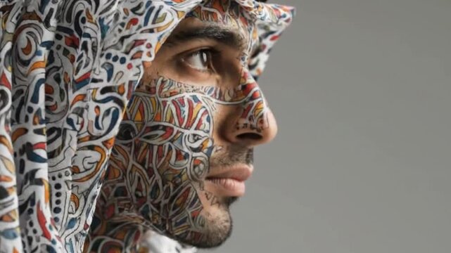 Man in colorful patterned headwearface paint profile view against a neutral backdrop