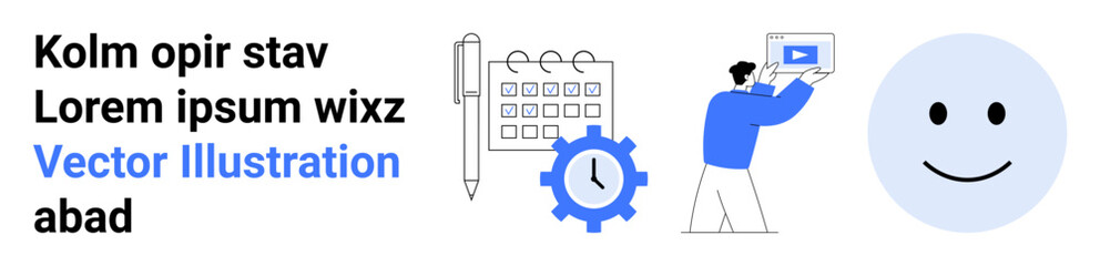 Fototapeta premium Illustrated calendar with pen, gear, smiling face, and man presenting video content. Ideal for project planning, teamwork, scheduling, productivity, education motivation simple landing page