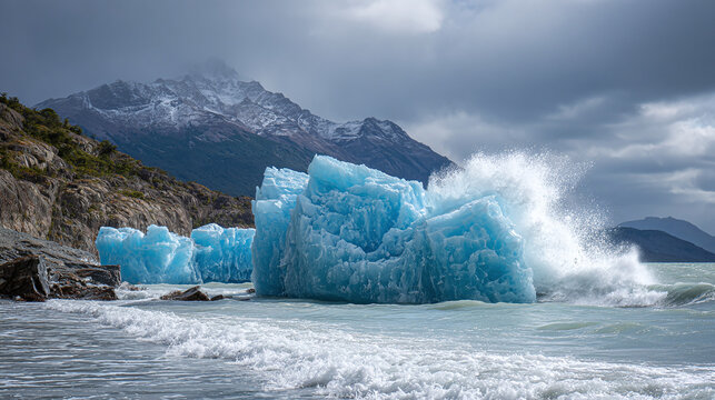 A mesmerizing display of an iceberg in the ocean, with waves crashing against it and mountains looming in the background. The scene is both dramatic and beautiful.