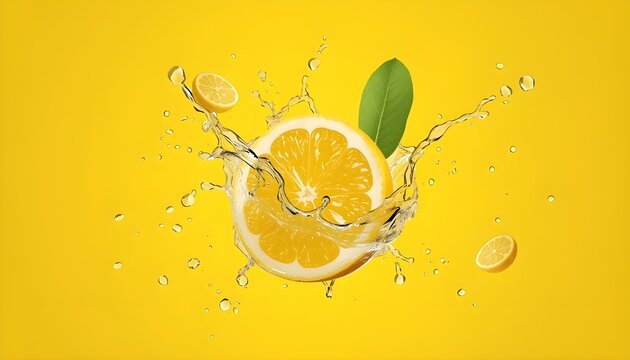 Fresh lemon splash with slices and leaves, realistic fruit illustration, yellow background.