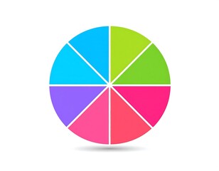 Obraz premium A vibrant pie chart divided into eight segments, each displaying a different bright color on a white background
