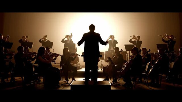 Orchestra conductor leading musicians in a dramatic performance with bright backlight.