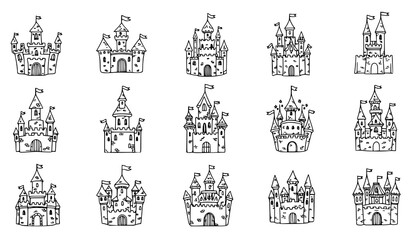 Fairytale castle doodle icons pack with hand-drawn princess magic kingdom vector set © Shukimon