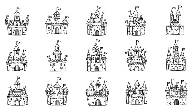 Fairytale castle doodle icons pack with hand-drawn princess magic kingdom vector set