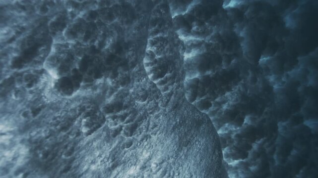 Vertical underwater wave wall with cascading foam and high contrast ocean texture