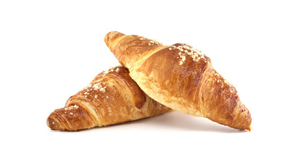 Two golden croissants topped with coarse sugar on a clean white background for bakery uses