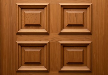 Brown wooden door with four square panels and decorative molding on a brown wood grain surface