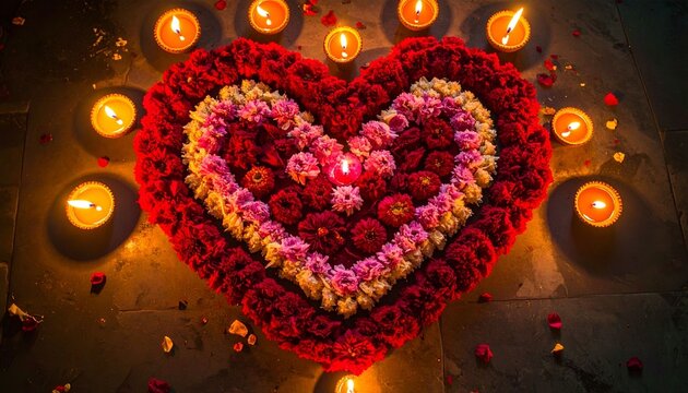 A romantic Valentine's Day illustration featuring a glowing red heart shape inside a glass on a dark night backdrop, symbolizing love and celebration through an artistic light design