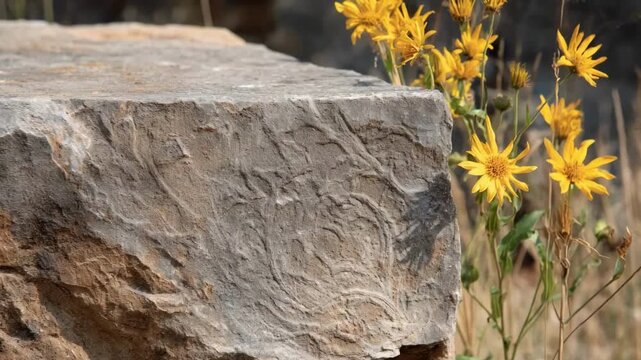Medium shot of a weathered limestone grave marker highlighting its textured surface and delicate aged details among wildflowers.