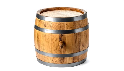 Rustic wooden barrel with metal hoops, isolated on a white background, showing a small tap