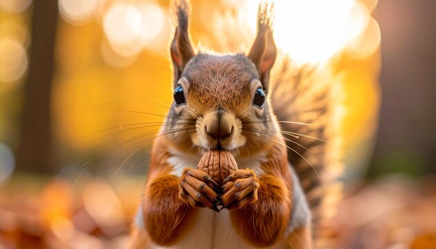 A small, fluffy red squirrel with a long tail sits on a tree in the forest park eating a nut amidst the wild nature